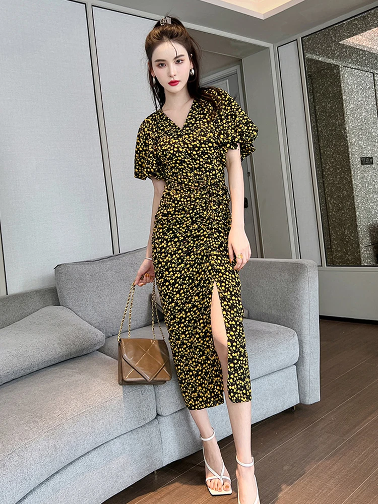 Elegant Women Dress Summer Retro Casual Sexy V-Neck Print Skinny Draw String Wrap Slit Midi Party Beach Lady Robe Mujer Vestidos