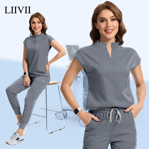 Ropa de trabajo gris para mujer, uniforme para enfermería a la moda, tienda de mascotas, ropa de trabajo de laboratorio, conjunto exfoliante para médico y enfermera, uniforme de cirugía médica, Tops + Pantalones