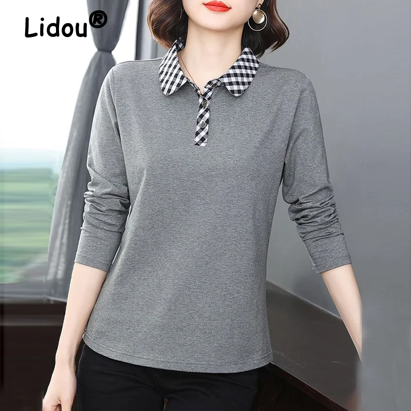 Women\'s Clothing Korean Fashion Plaid Patchwork Elegant Polo Collar T-shirts Spring Autumn Casual Long Sleeve Loose Cotton Tops