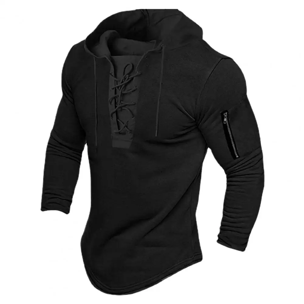 

Men Solid Color Hoodie Lightweight Men Hoodie Vintage Lace Up Hoodie with Zipper Detail for Men Slim Fit Mid Length for Spring