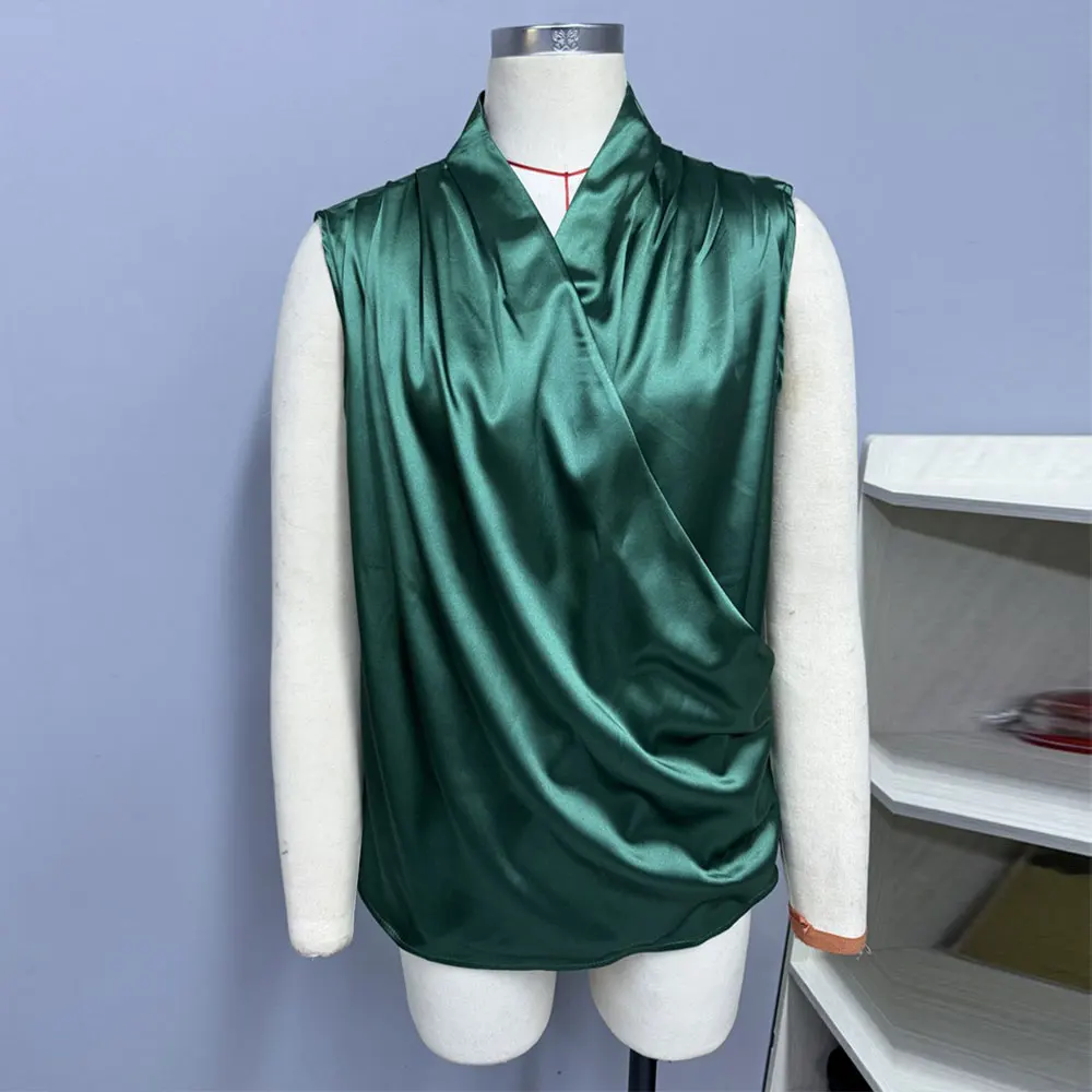 New Summer Women Arrival Satin Blouse T Shirt Shirts Sleeveless Fashion Ruffles Chiffon Simulated Silk Shirt Girl Vest Tank