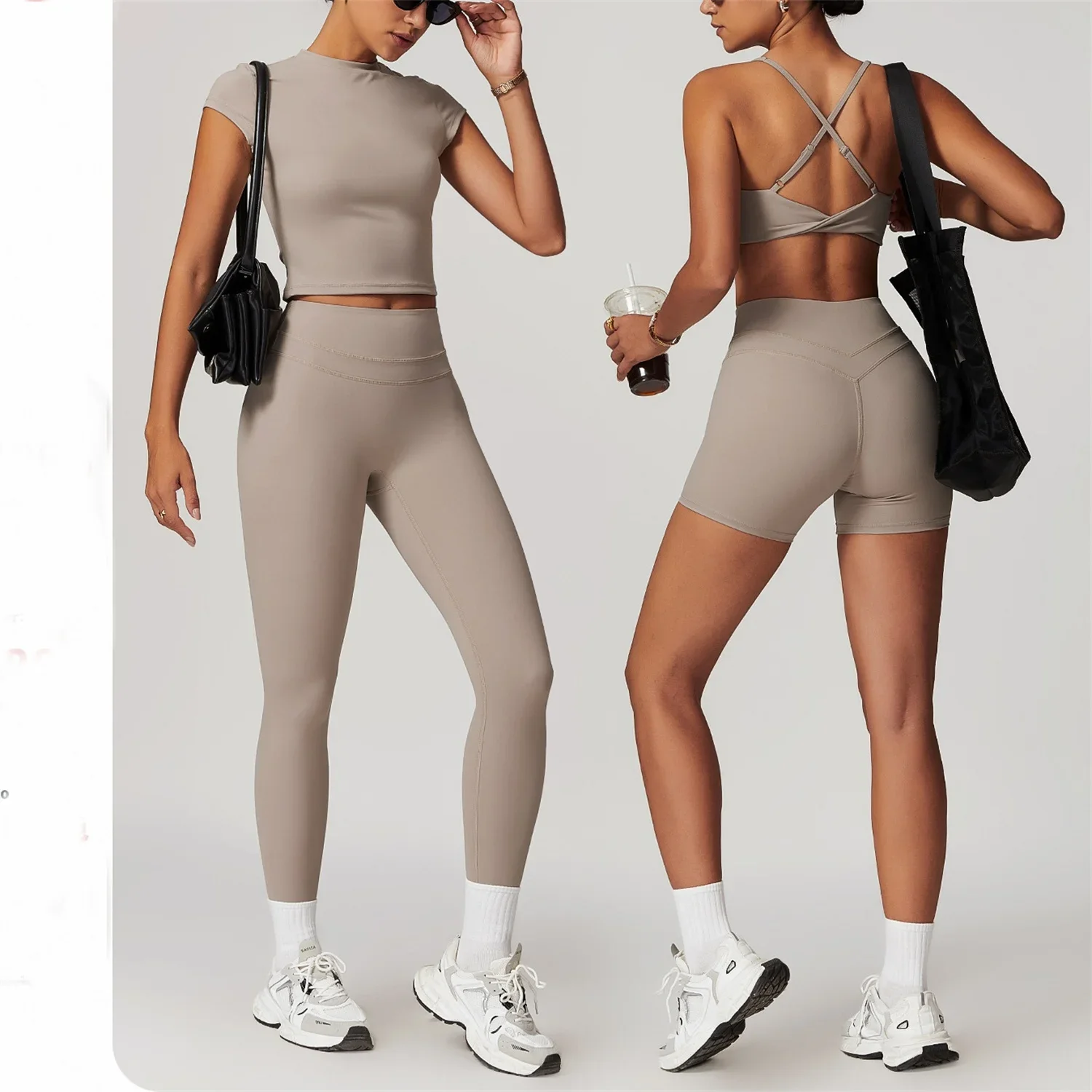 

Shaved Yoga Set Women Short Sleeve Shirt Top with Elastic High Waist Fitness Leggings Sport Suit Workout Gym Running Clothes