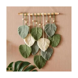 Colgante de pared de macramé de hoja, tapiz de pared estético tejido para habitación Bohemia, decoración de boda para el hogar, color verde