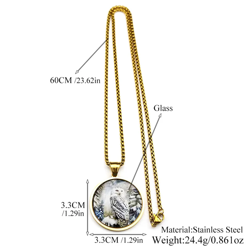 Geheimnisvolle Schneeeule Runde Glas Medaille Anhänger Halskette Für Frauen Männer Edelstahl Gold Farbe Foto Tier Kette Schmuck – Detail 3
