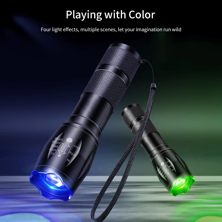 4 in 1 Multi-color Strong Light Flashlight LED Aluminum Alloy Zoom Flash Light Torch Rechargeable Outdoor Camping Lamp