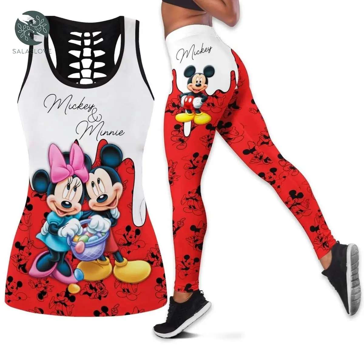 Disney Minnie Women\'s Hollow Vest + Women\'s Leggings Yoga Suit Fitness Leggings Sports Suit Disney Tank Top Legging Set Outfit