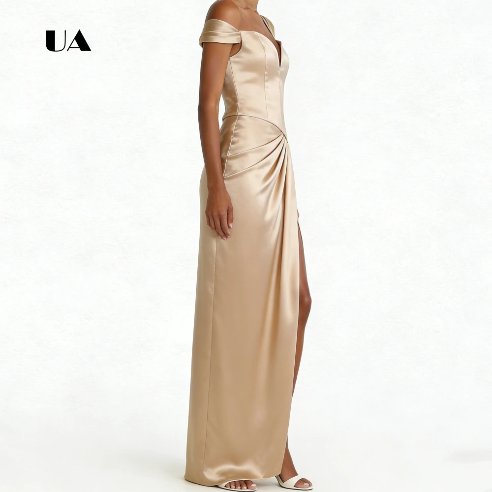 Ulbyanry cetim querida pescoço vestido de baile com manga assimétrica sólido drapeado fenda vestido de noite elegante vestido de festa personalizado