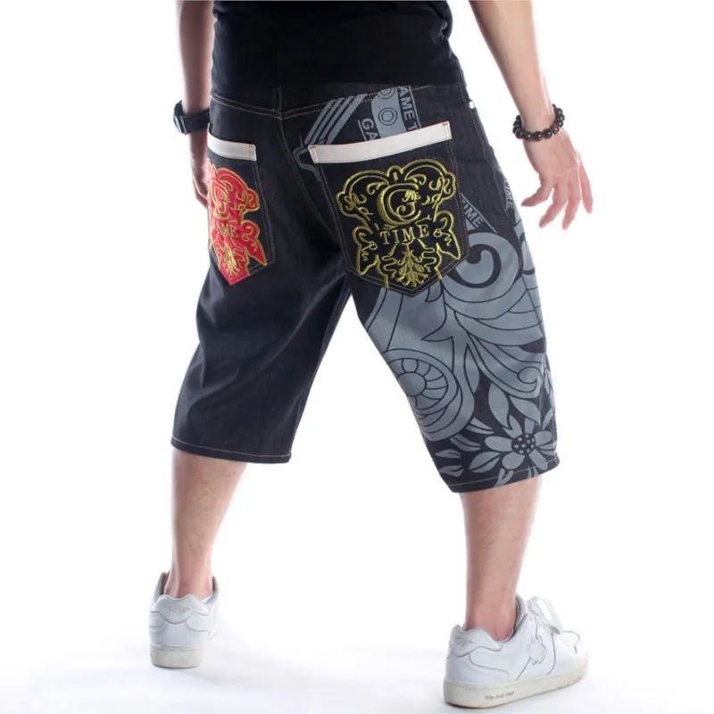 

Summer Embroidery Denim Shorts Men Loose Baggy Jeans Shorts Straight Hip-hop Graffiti Printing Harem Boardshorts Streetwear Wide