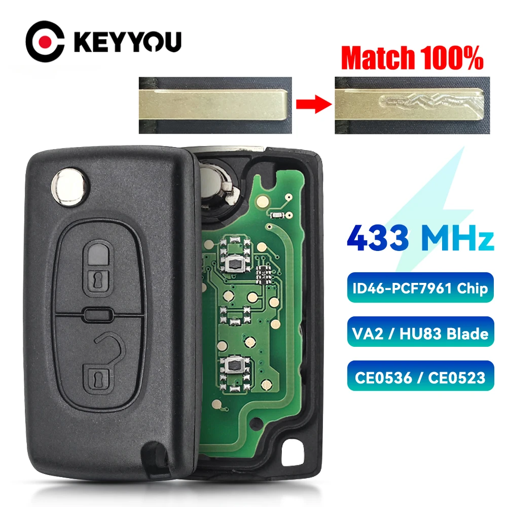 

KEYYOU With Cutting service 2 Buttons Car Key ASK/FSK 434Mhz For Citroen C4 C5 C6 C8 Xsara Picasso For Peugeot 107 207 307 308