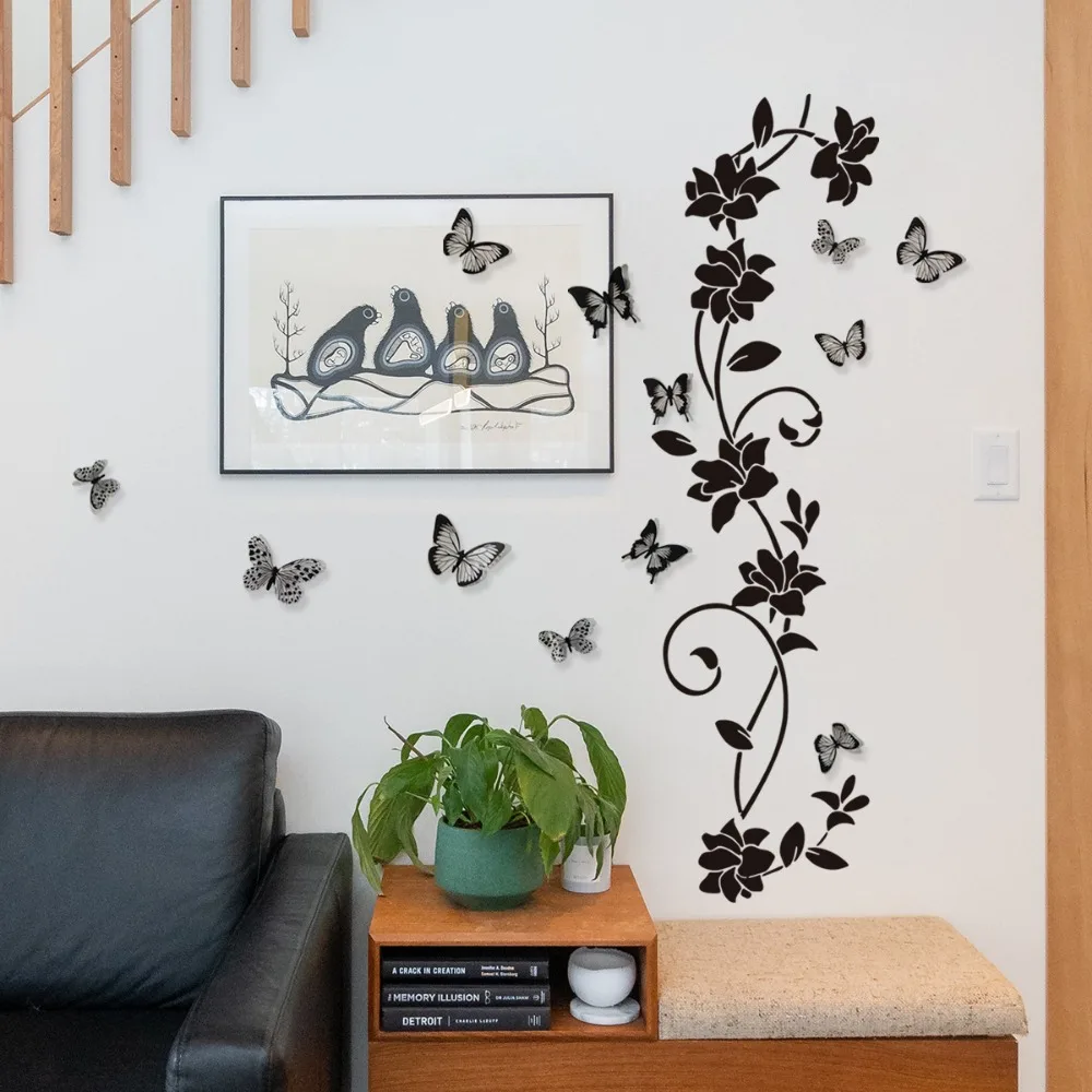 2024 nuovi adesivi murali farfalla 3D fiore nero Rattan soggiorno sfondo camera adesivi murali stile scuro 38*43cm decorazioni per la casa