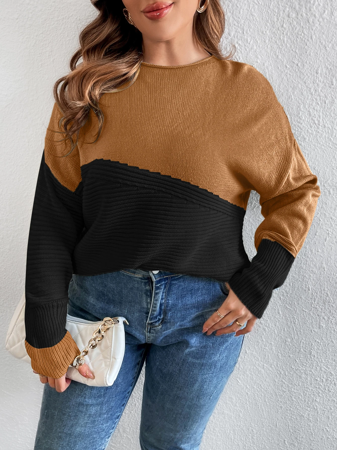 Europe and the United States large size women's sweater casual loose knit shirt color long-sleeved crew-neck knitted top