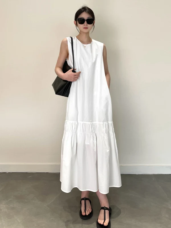 Coreano minimalista branco retalhos sem mangas colete em camadas saia linha a para as mulheres verão harajuku estilo preppy mori vestido de menina