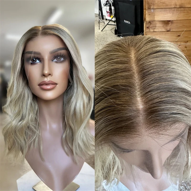 

Party Daily Cosplay Wigs 13x4 Middle Part Ombre Ash Blonde HD Lace Front Wig with Dark Roots Natural 12 Inch Short Wave Bob Wig