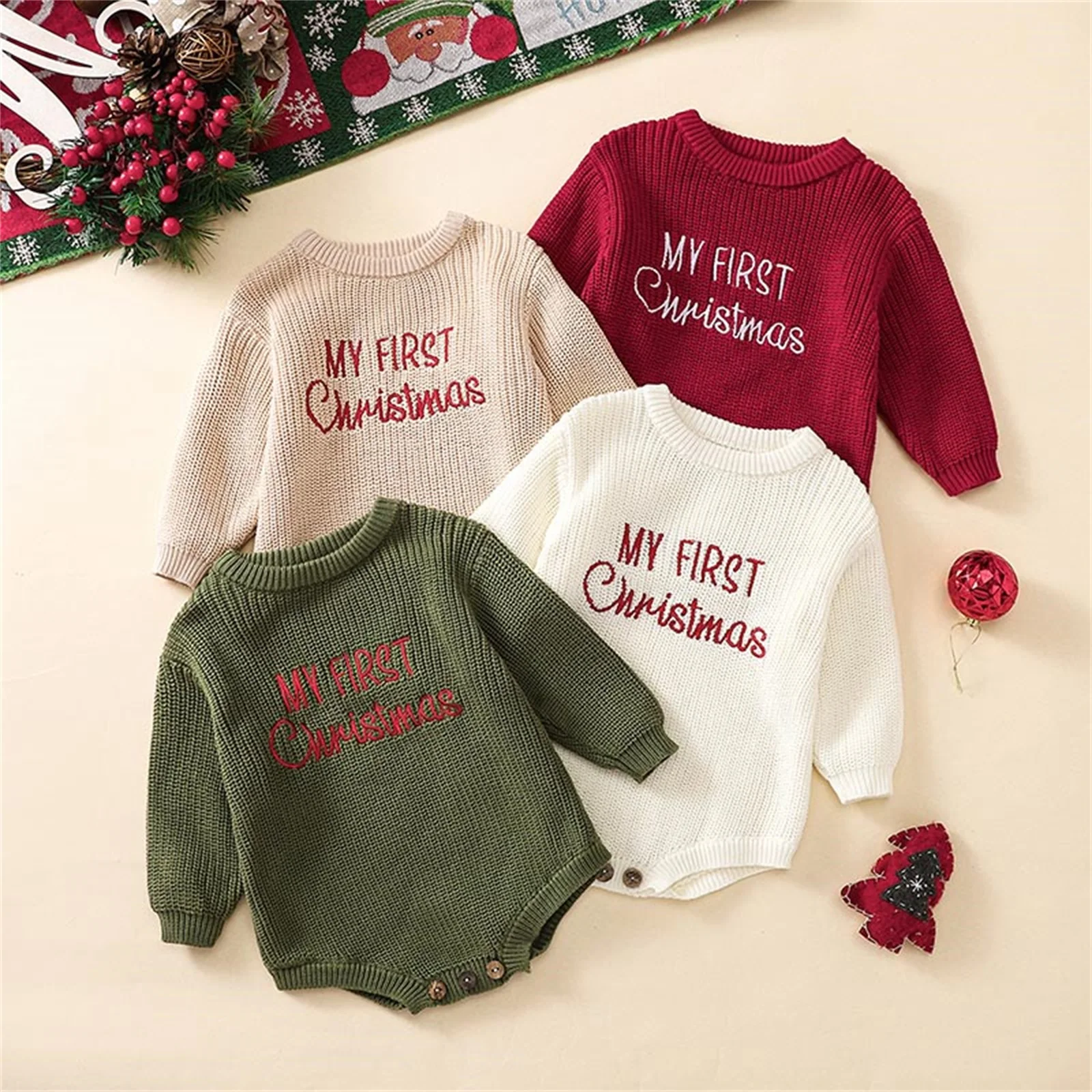 VISgogo 0-18 Months Baby Christmas Sweater Romper Letter Embroidery Long Sleeve Crew Neck Knit Bubble Jumpsuit