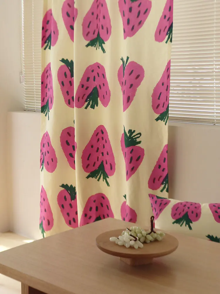 Ins Aesthetic Pink Strawberry Pattern Curtains Korean Style Girly Fruit Flower Fabric Partition Decoration for Girl