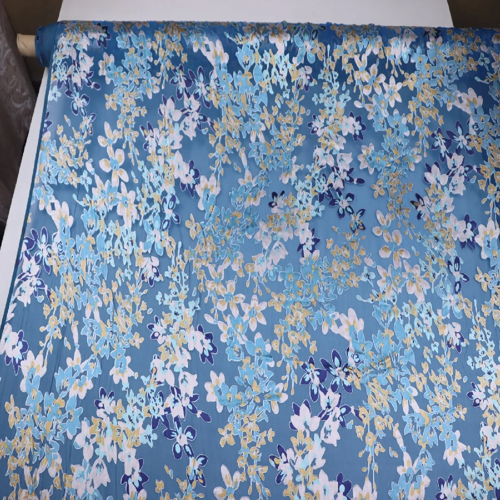 Good Texture High Quality Fashion Graceful Silk Burn Out Fabric Opal Blue Flowers for Scarves Saree Dress Shawl