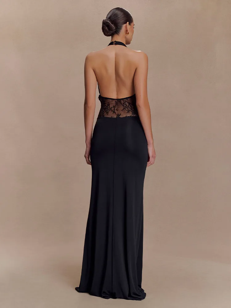 Absobe Damska Sukienka Maxi z Marszczeniami, Łączona z Przezroczystej Koronki, Głęboki Dekolt V, Wiązana na Szyi, Bez Pleców, Rozkloszowana, Wyszczuplająca, Długa Sukienka Wieczorowa Vestido