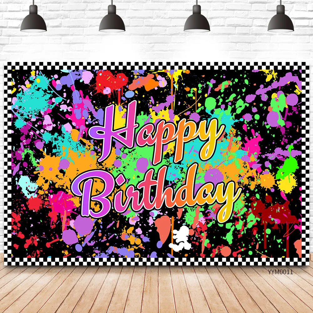 

Colorful Graffiti Splash Paint Happy Birthday Background Neno Glow in The Dark Party Photography Backdrops Photo Booth Props