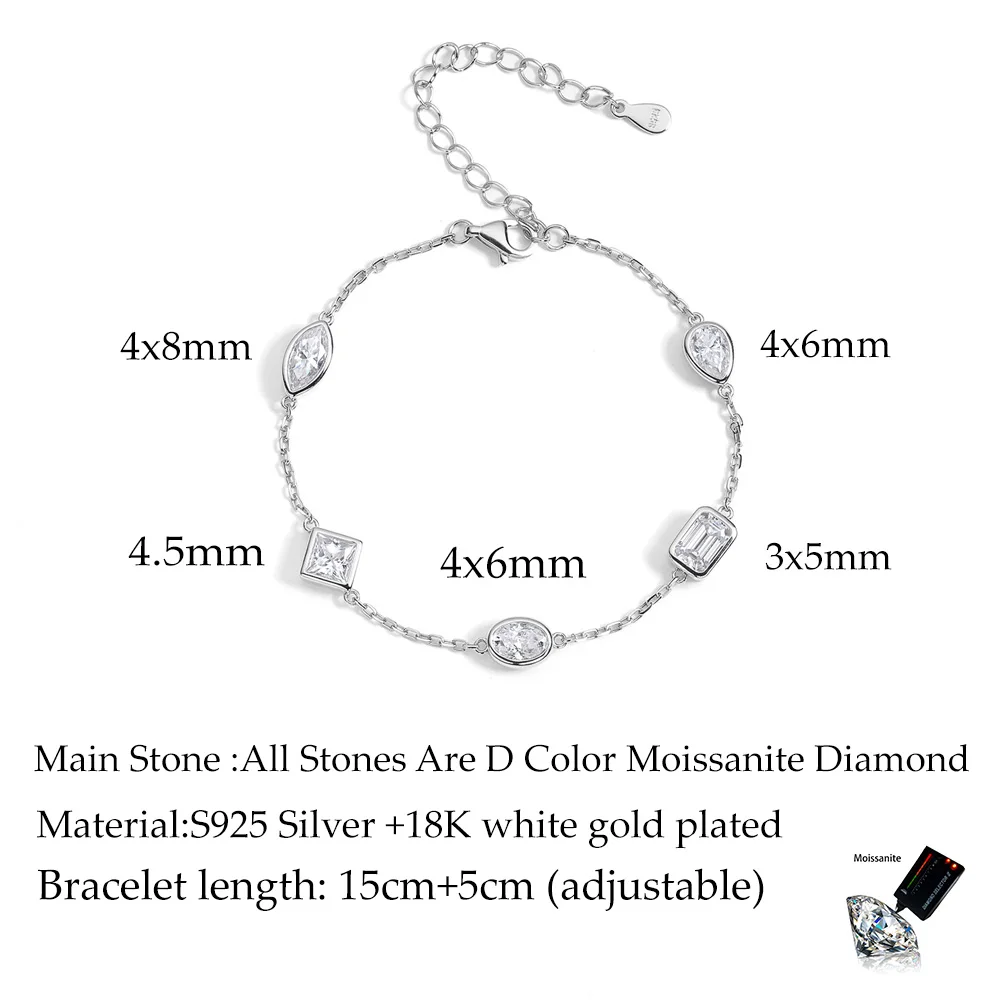OEVAS 0.5CT Oval/Pear Cut Full Moissanite Bracelets 15+5cm S925 Silver Plated 18K Gold Wrist Chain for Women Fine Jewelry Gift