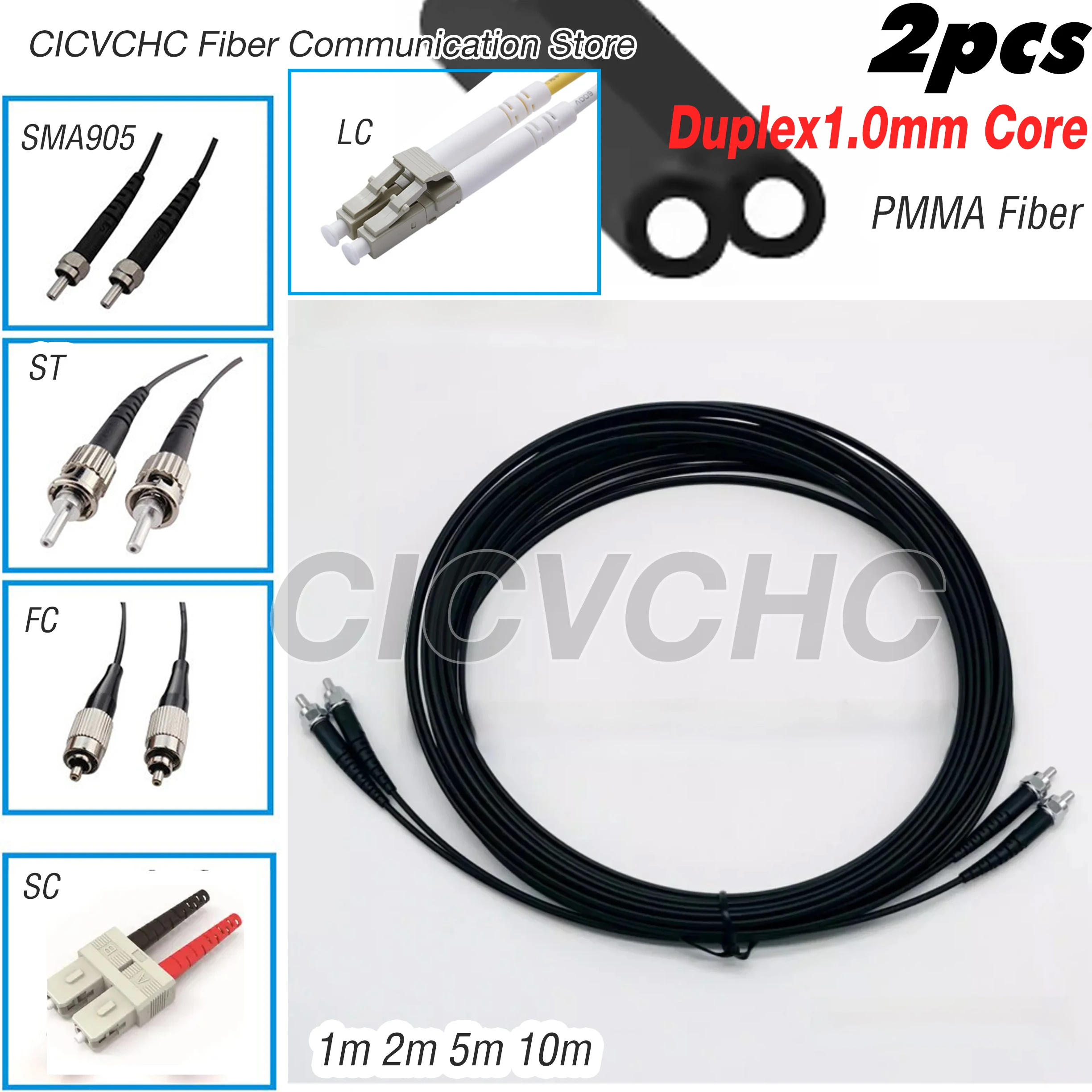 2pcs Duplex POF SC LC FC SMA905 ST Jumper Plastic Optical Fiber Zipcord - 1mm PMMA core-  Industrial control/Servo/Medical