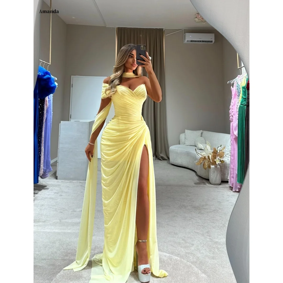 Amanda Customized Light Yellow Halter Off Shoulder Ruched Prom Dress High Slit Gown Formal Evening Elegant vestidos de noche