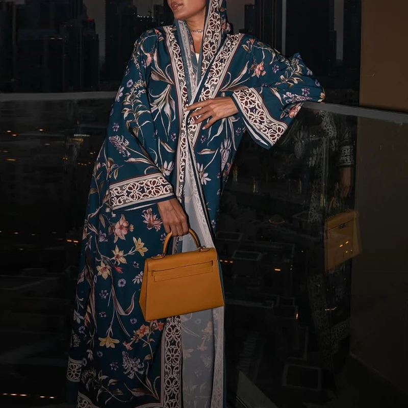 Floral Print Long Sleeved Loose Muslim Cardigan Elegant High Street Swing Vacation Jackets 2025 New Women's V Neck Autumn Coat