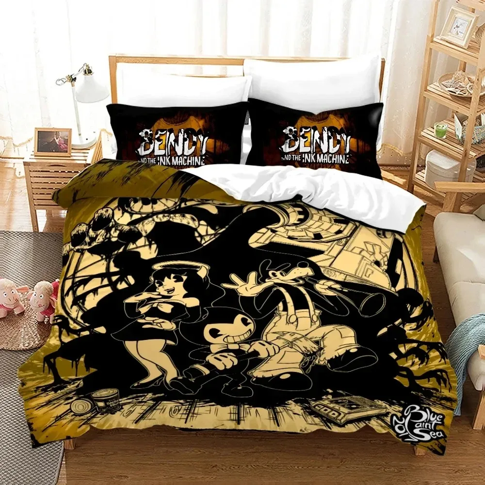 Set seprai mesin tinta motif kartun 3D Bendy N, Set selimut penutup tempat tidur, sarung bantal nyaman ukuran king Queen anak laki-laki dan dewasa