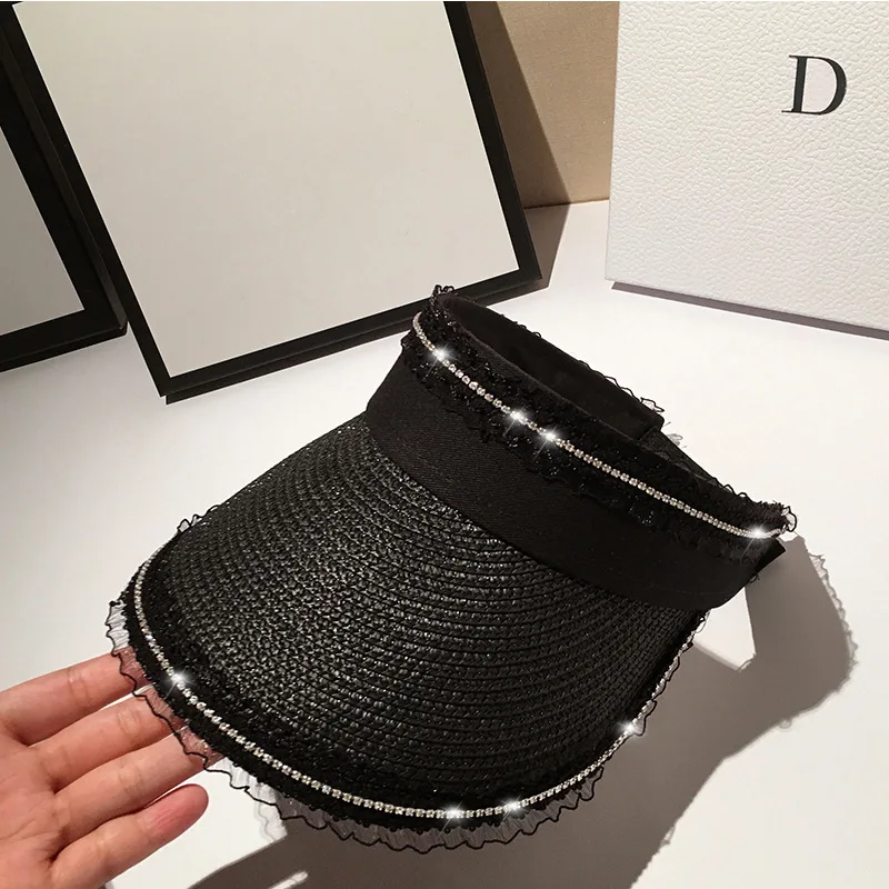 

Diamonds Lace Sunscreen Straw Hats for Women Summer Big Brim Empty Top Sun Hat UV Protection Adjustable Sports Tennis Golf Hat