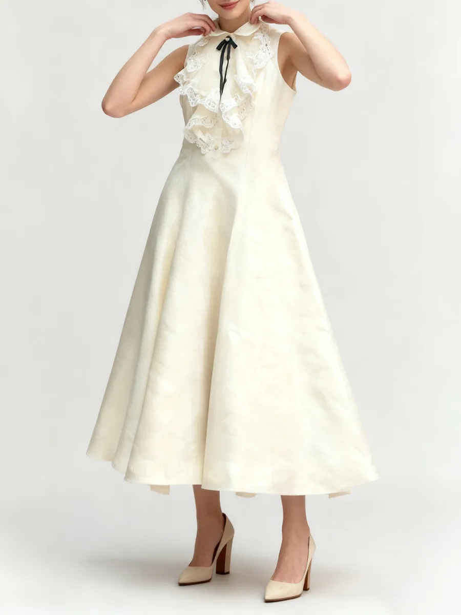 TWOTWINSTYLE エレガントなスリムフィット、レースを組み合わせたロングドレス、女性用、襟付きノースリーブ、ハイウエスト、パッチワーク、蝶結びドレス、女性用新作