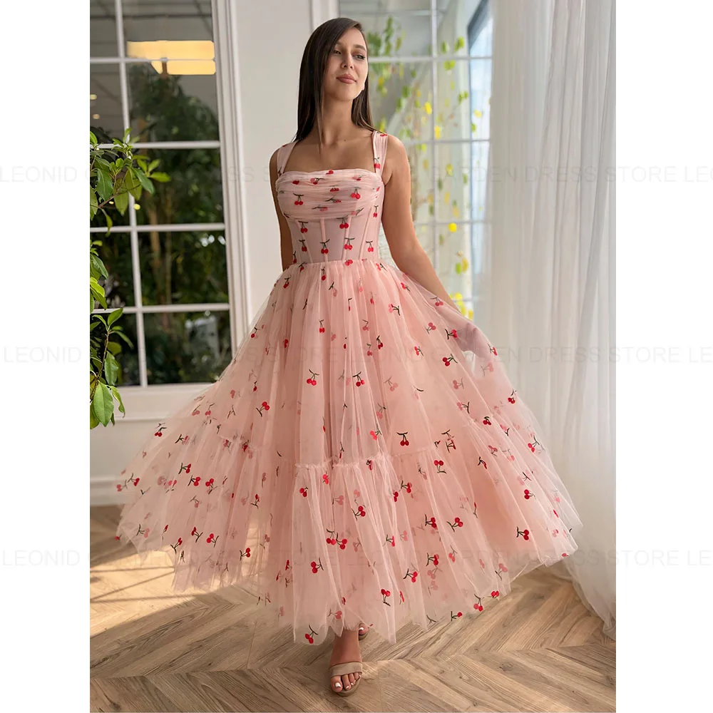 LEONID Exquisite Evening Dresses 2024 A-Line Square Collar Prom Party Gowns Lace Up Cherry Pattern Tulle Formal Occasion Dresses