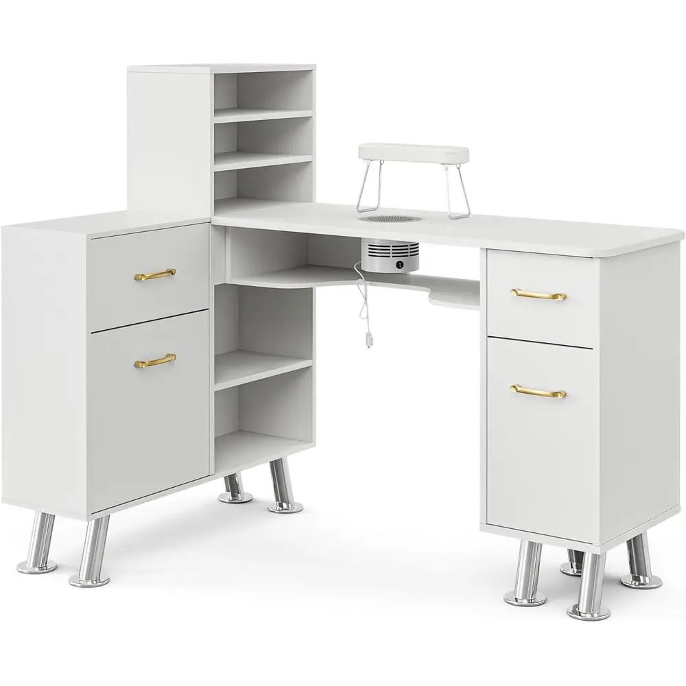 L-Shaped Manicure Table with Storage, Electric Vent, Folding Armrest for Nail Technicians (White)