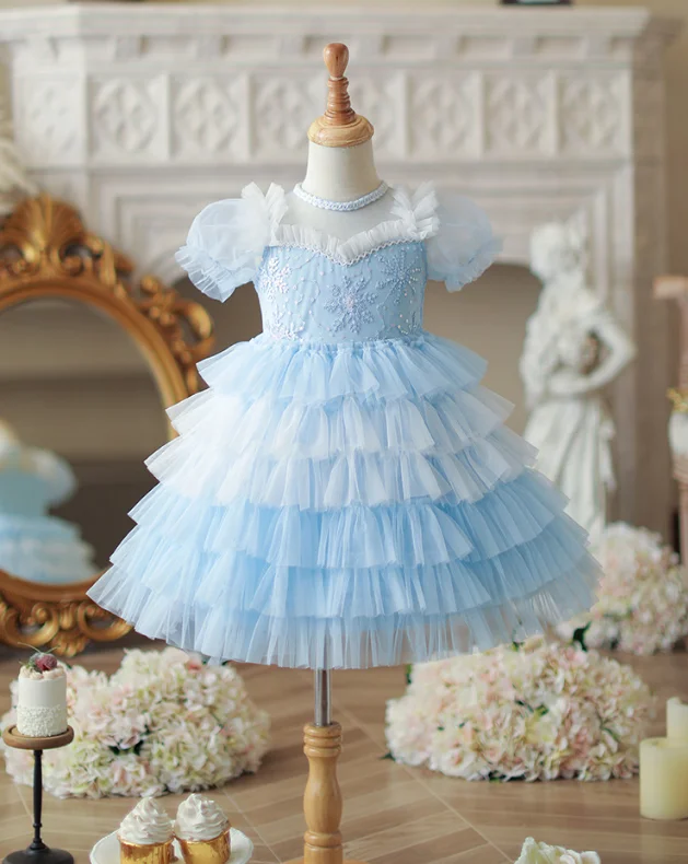 Retail New Baby Summer Girls Boutique Sequined Mesh Cake  Dress, Princess Kids Sweet Fashion Blue Party Dress 3-8 T