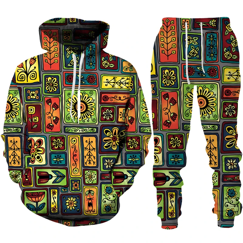 Retro Colorful African Ethnic Men 3D Printing Hoodie/Pants/Suit Two Piece Tracksuit Set Sportswear Pullover Vintage High-quality