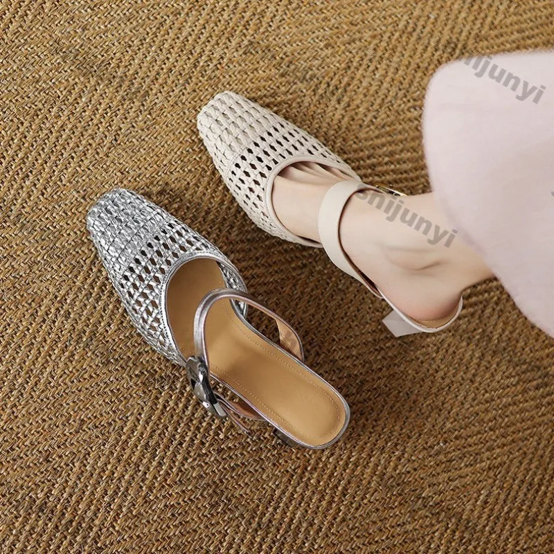

Fashion Metal Buckle Strap Casual Shoes Summer New Comfortable Breathable Square Heel Pumps Concise Women High Heel Sandals