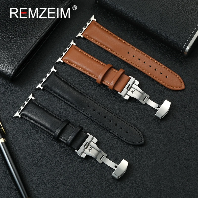 

Men's Leather Watch Band for Apple Watch Ultra SE1-10 Strap for Iwatch 38/40/41/42/44/45/46/49mm Butterfly Clasp Wrist Belt