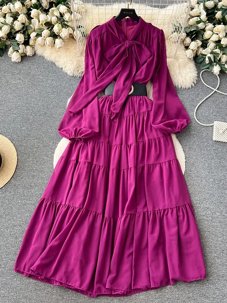 Women Autumn Dress French Vintage Leisure Time Bowtie Lace Up Lantern Long Sleeve Waist Wrapped Chiffon Slim Style Dress D4346