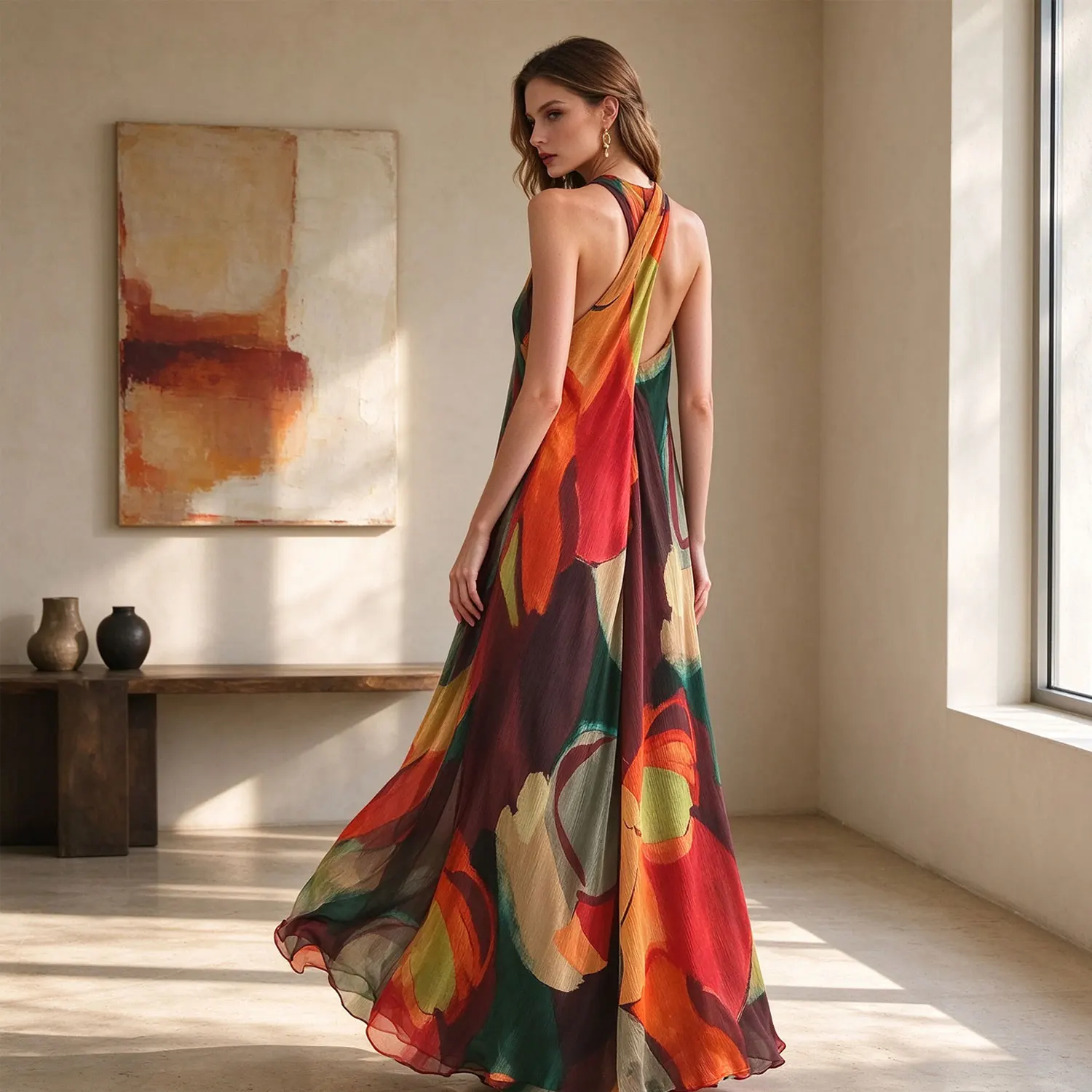 Women Halter Neck Abstract Art Print Maxi Dress Sleeveless Flowy Evening Party Long Gown