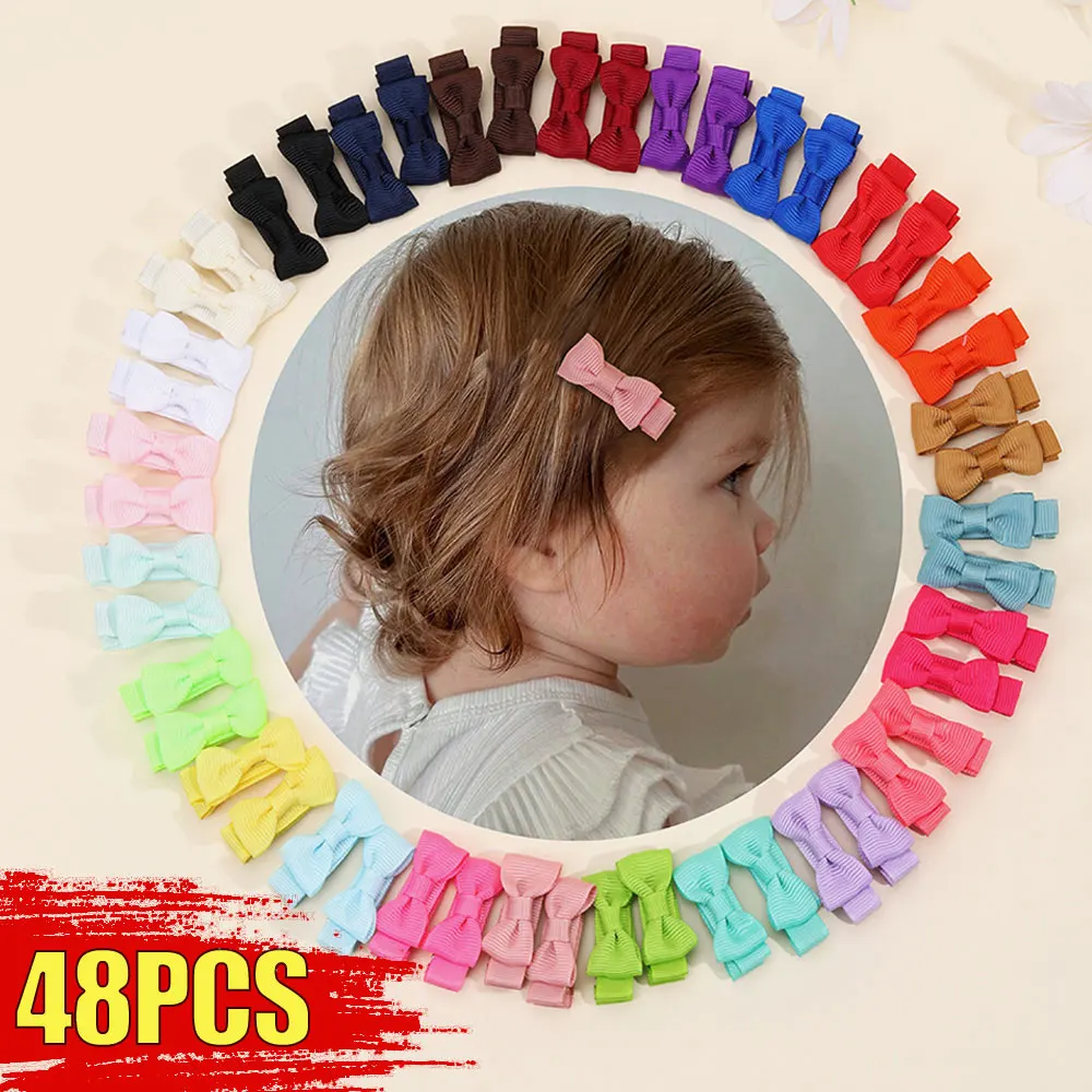 

48Pcs/Lot Mini Hair Bows Clip For Baby Girl Solid Color Infants Hairpins Barrettes Toddlers Handmade Headwear Hair Accessories