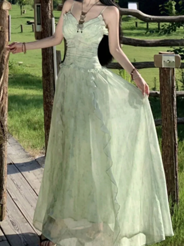 Dolce verde cinturino per spaghetti abiti da donna elegante senza maniche volant piega fata vestito da partito estate prato cortile abiti nuovo