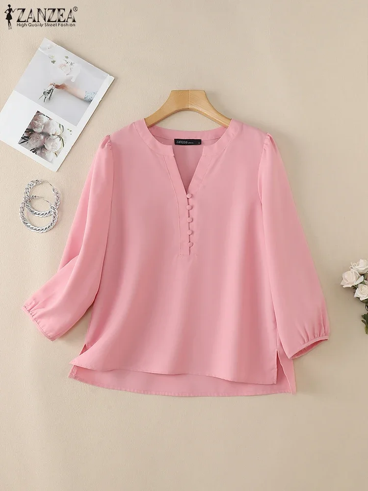 

Vintage Solid Shirts 2025 ZANZEA Women Elegant V Neck 3/4 Sleeve Work Blouse Button Blusas Casual Holiday Tunic Tops Oversize