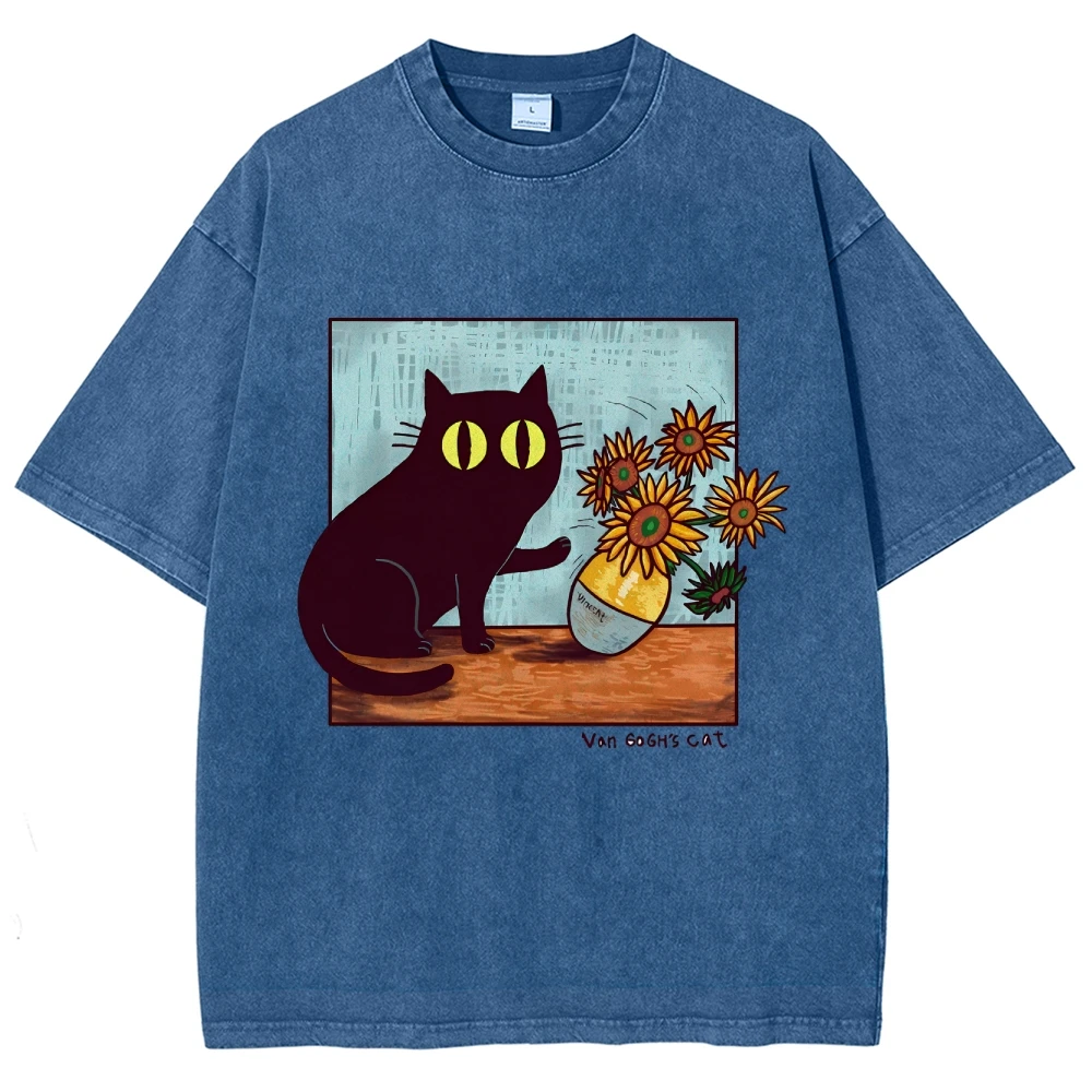 Cartoon Kitten Chrysanthemum Vase Print T-Shirt Round Neck Washed Shoulder Designer 2025 New Trendy Fashion Short Sleeves image 3