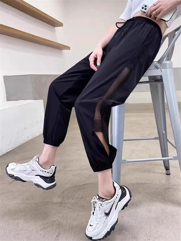 2026 Ice Silk Quick Dry Nine Points Sports Pants Women Summer Thin Slim Mesh Anti-Mosquito Casual Lantern Pants Casual Pants