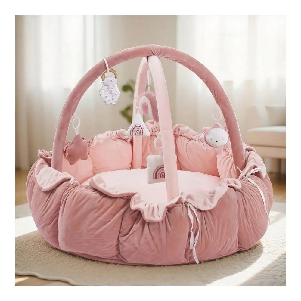 Thick Plush MultiFunctional Cat Dog Bed Convertible Gym With Ball Pit, 6 Toys, Tummy Time Mat Floor Mats Plush Cushion Suitable