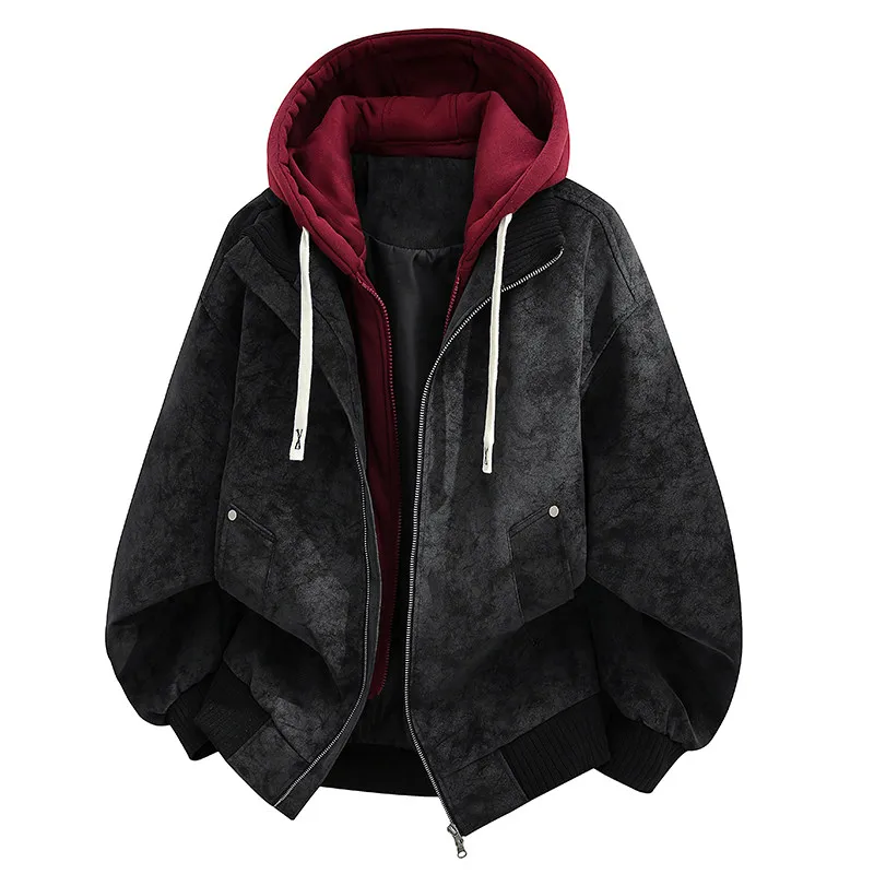 Men's Vintage Faux Suede Fake Two-Piece Hooded Jacket Casual Loose Zip Up Bomber Coat