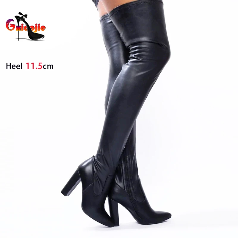 Sexy Thigh High Heel Boots Women Pointed Toe High Heels Stretch Leather Over-the-Knee Crotch Boot Slim Leg Stripper Dance Shoes