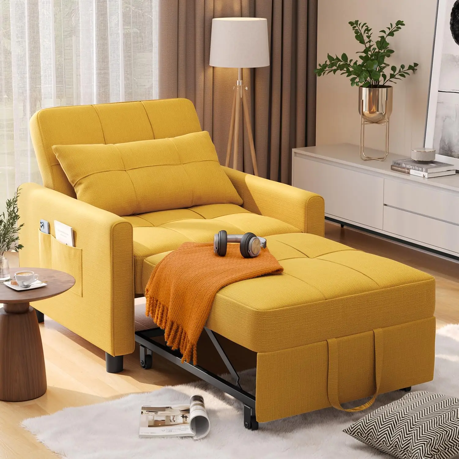 

Convertible Chair Bed Sleeper Chair, Pull Out Sleeper Sofa Bed Sofa Chair, with Adjustable Backrest Pillow Modern Linen Fabric