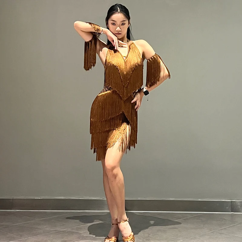 Women Backless Fringe Sexy Brown Dress Cha Cha Rumba Samba Tango Dance Costume Prom Wear Latin Dance Copetition Dress