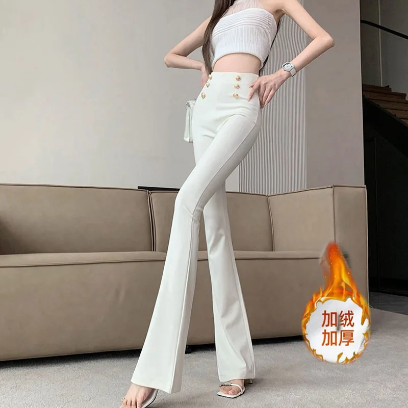 Temperament Fleece Lined High Waist Flare Pants Women Winter Fashion Casual Versatile Office Lady Slim Trousers