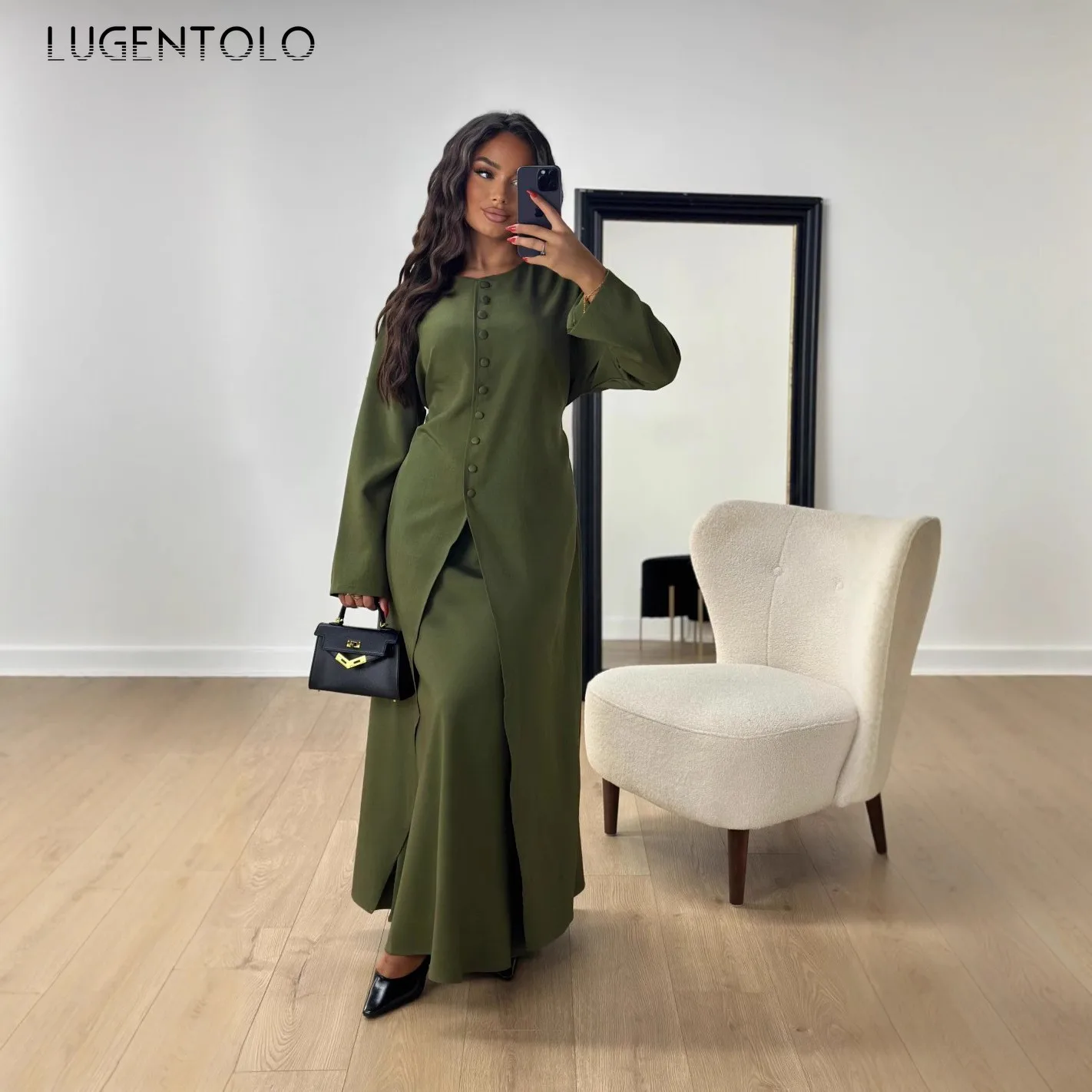 

Женский атласный халат, юбка, комплект, бандажный однотонный комплект с круглым вырезом и длинным рукавом, элегантный женский зеленый Ближний Восток, арабский весенне-осенний комплект платьев