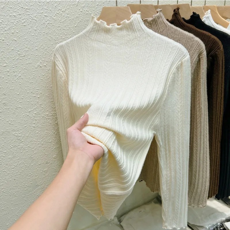 Autumn Winter Chic Ruched Sweaters Women Fashion Turtleneck Pullover Slim Long Sleeve Knitted Jumpers Soft Warm Pull Femme Top